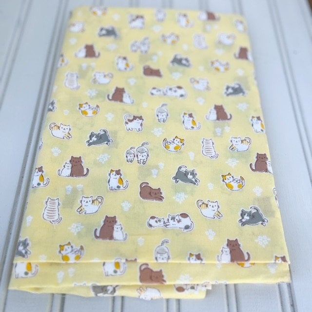 Japanese Import Fabric Cute Cats Yellow Cotton Weight