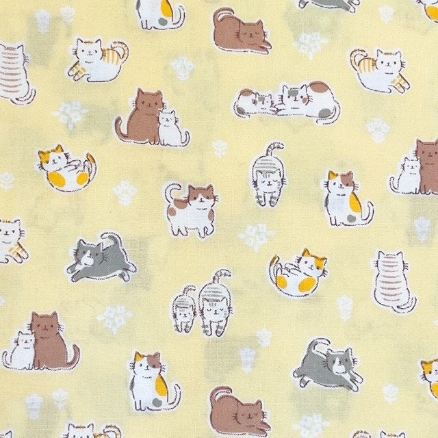 Japanese Import Fabric Cute Cats Yellow Cotton Weight