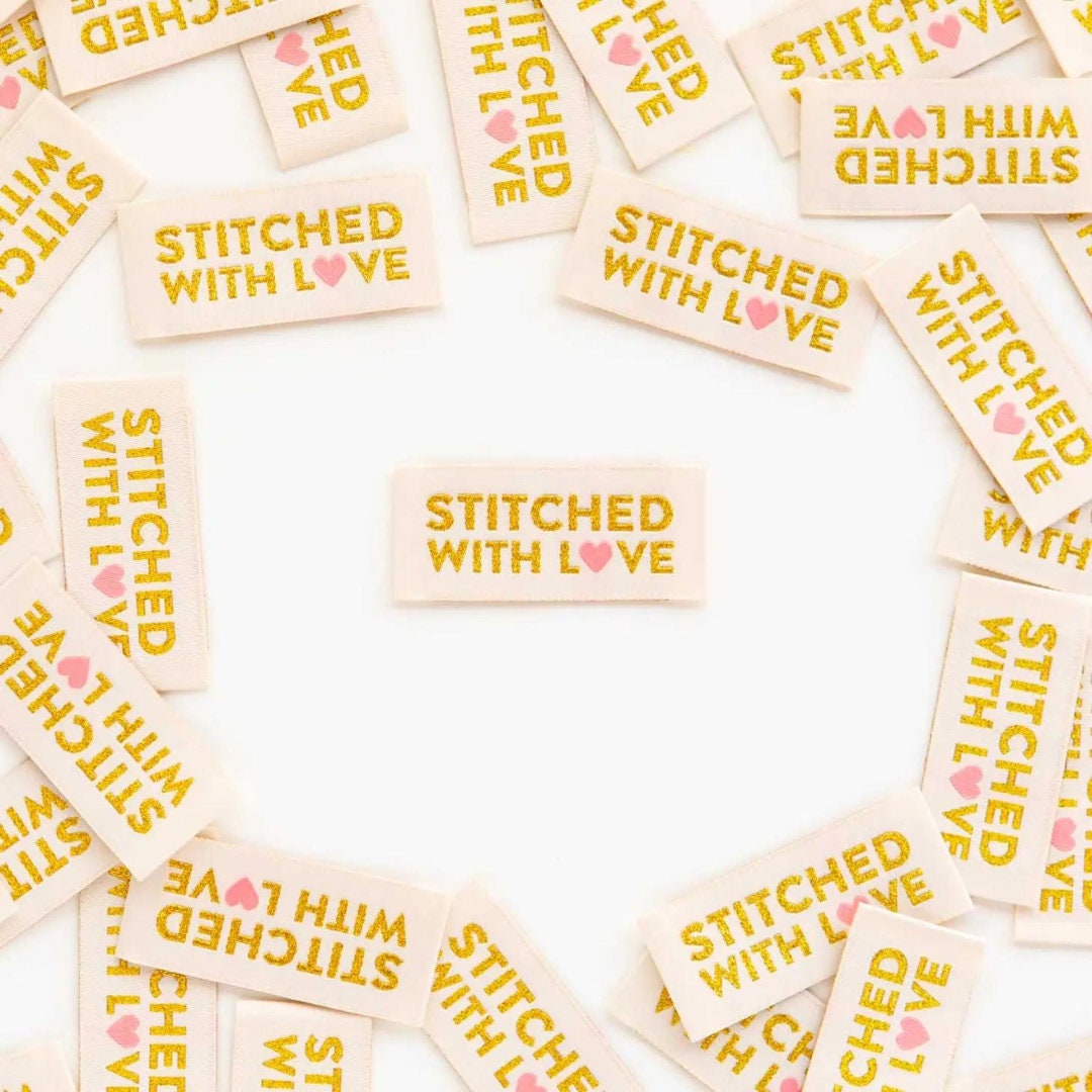 Stitched with Love Gold Woven Labels by Sarah Hearts (8 Labels Per Package)